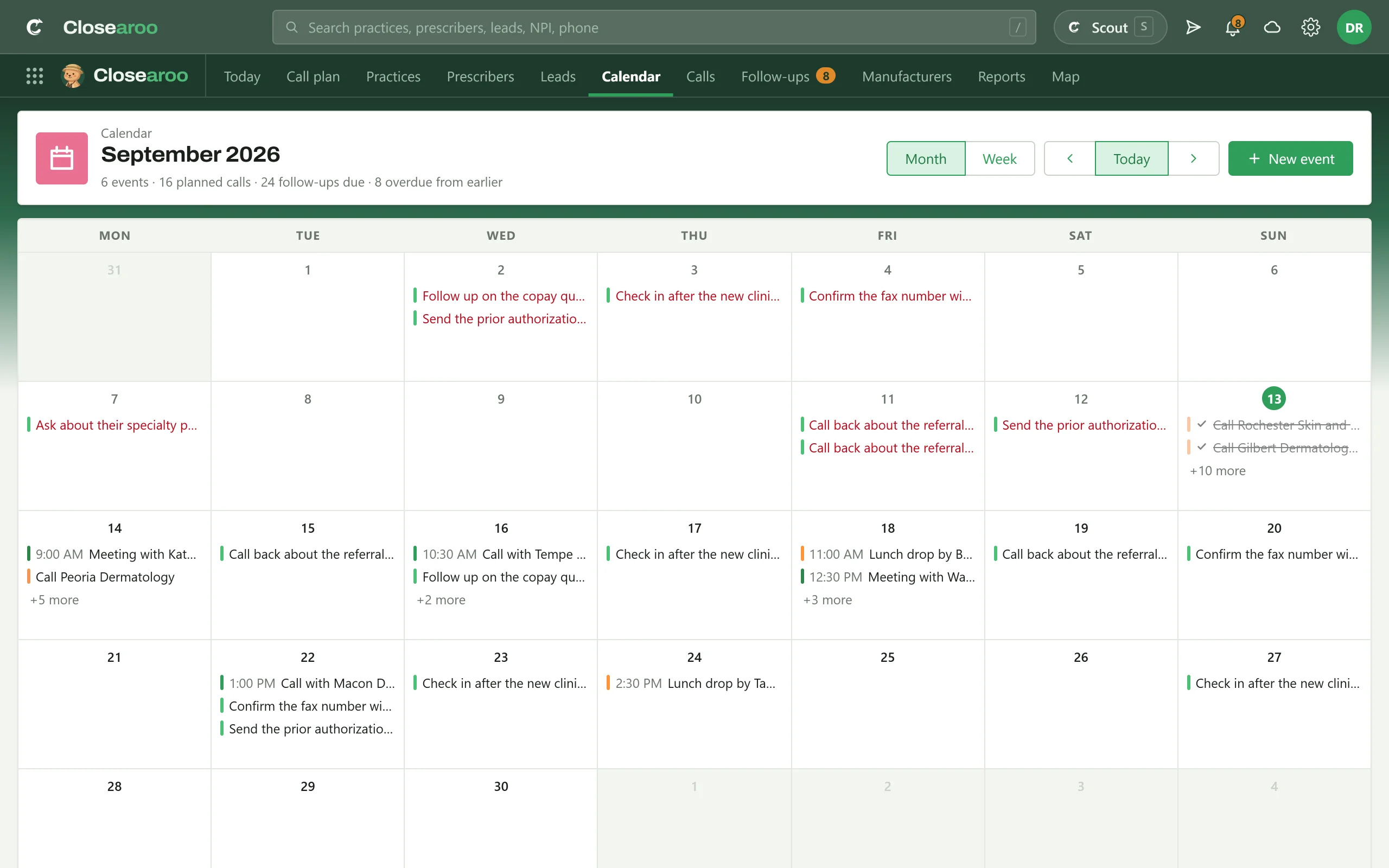The Calendar month view, photographed against the demo book