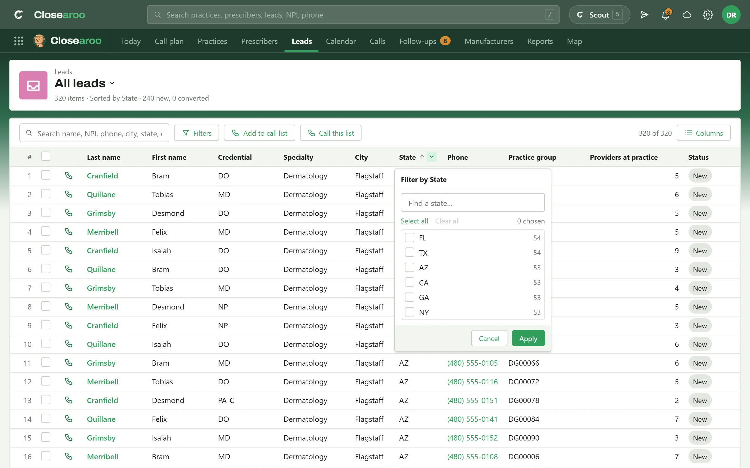 The Leads screen: an imported list with a filter open on a column header